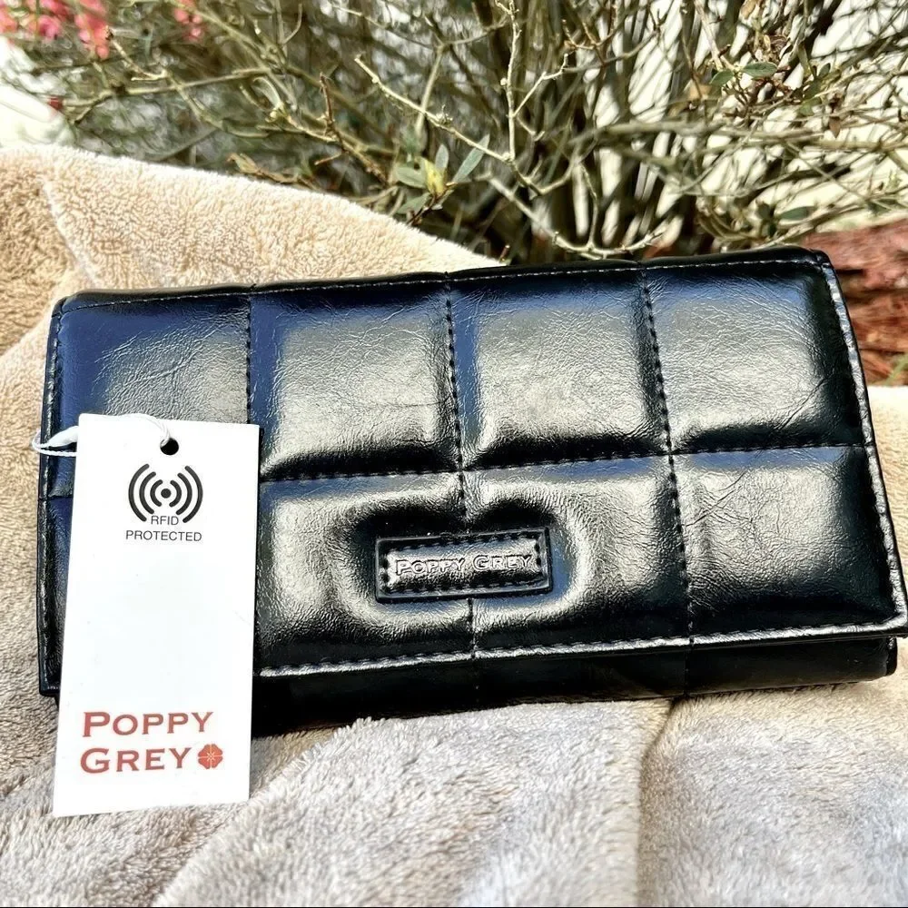 POPPY GREY FAUX LEATHER LARGE BIFOLD WALLET W/RFID-FREMONT/JET BLACK NWT